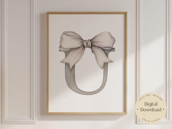 Baby Initial U Watercolor Nursery Vintage Bow Print Ribbon Wall Art Prints Girl Decor Alphabet