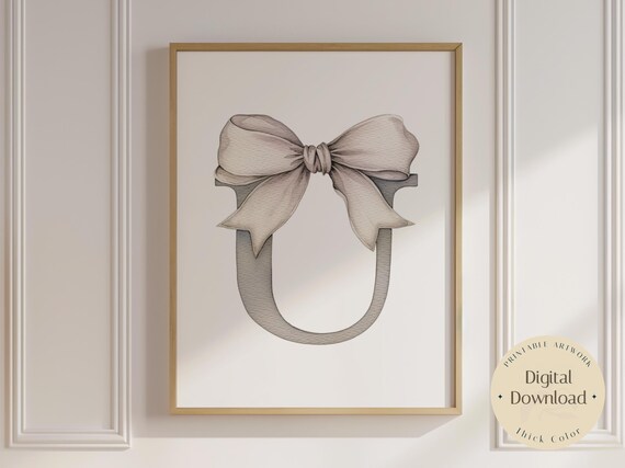 Watercolor Letter U Initial Nursery Poster with Beige Bow Ribbon Art