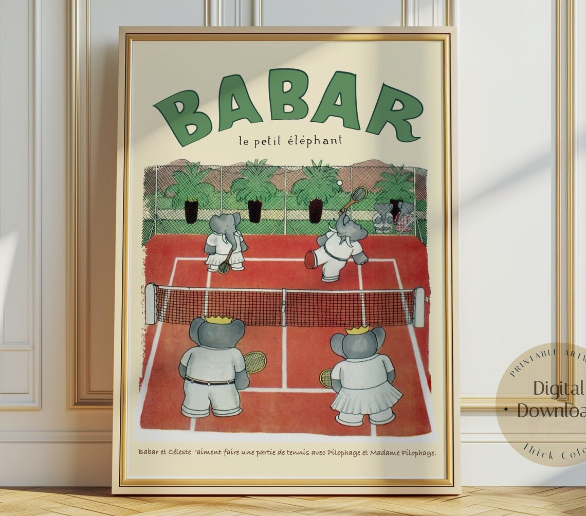 Babar The Elephant Tennis Nursery Art Print, Retro