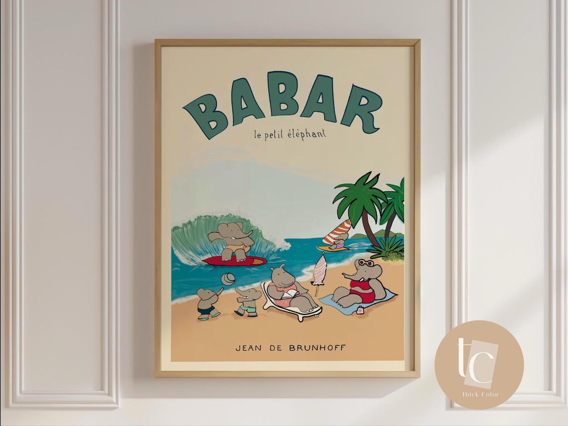 Babar At The Beach Retro Nursery Art Print