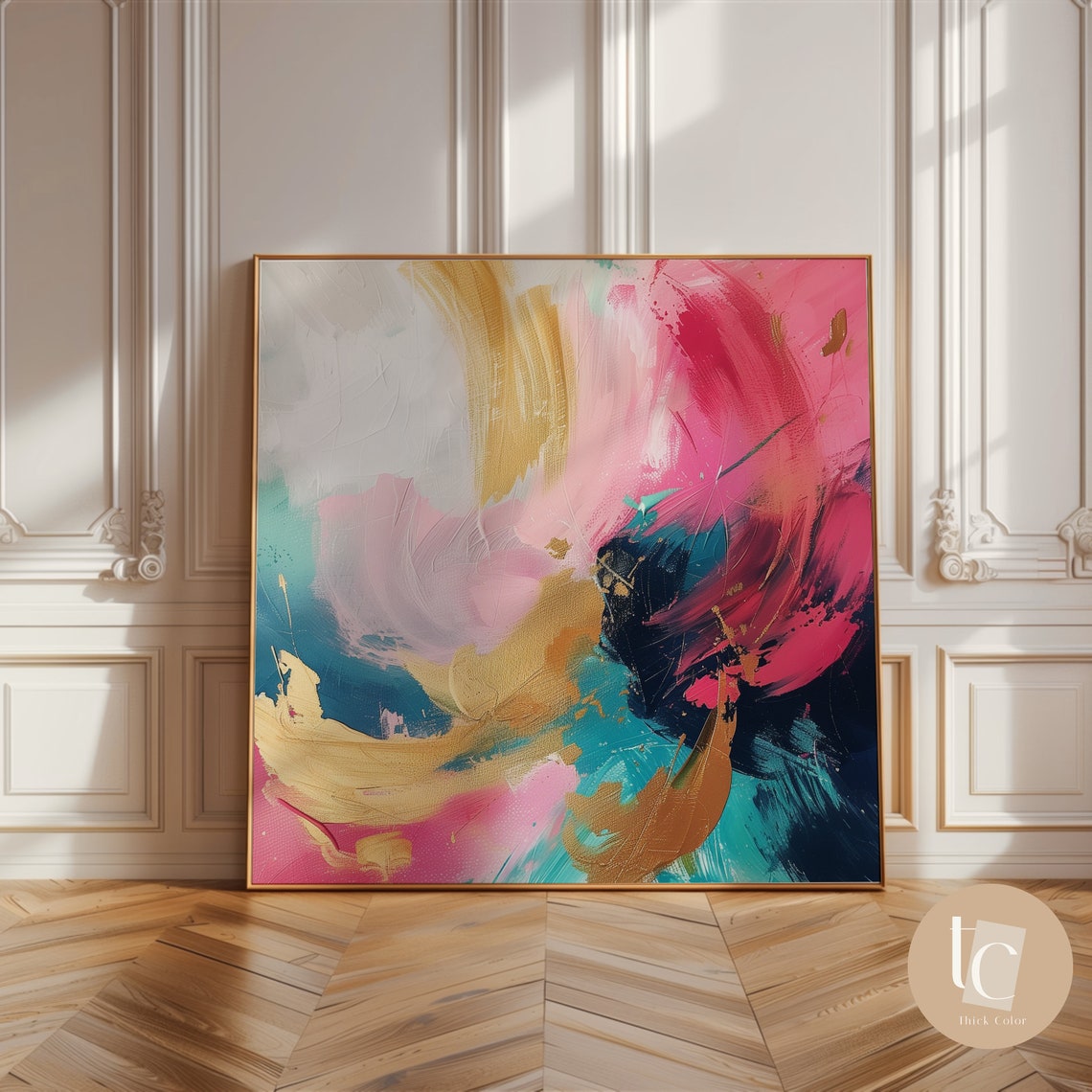 Pink Gold and Teal Bold Abstract Brushstroke Painting Art Poster
