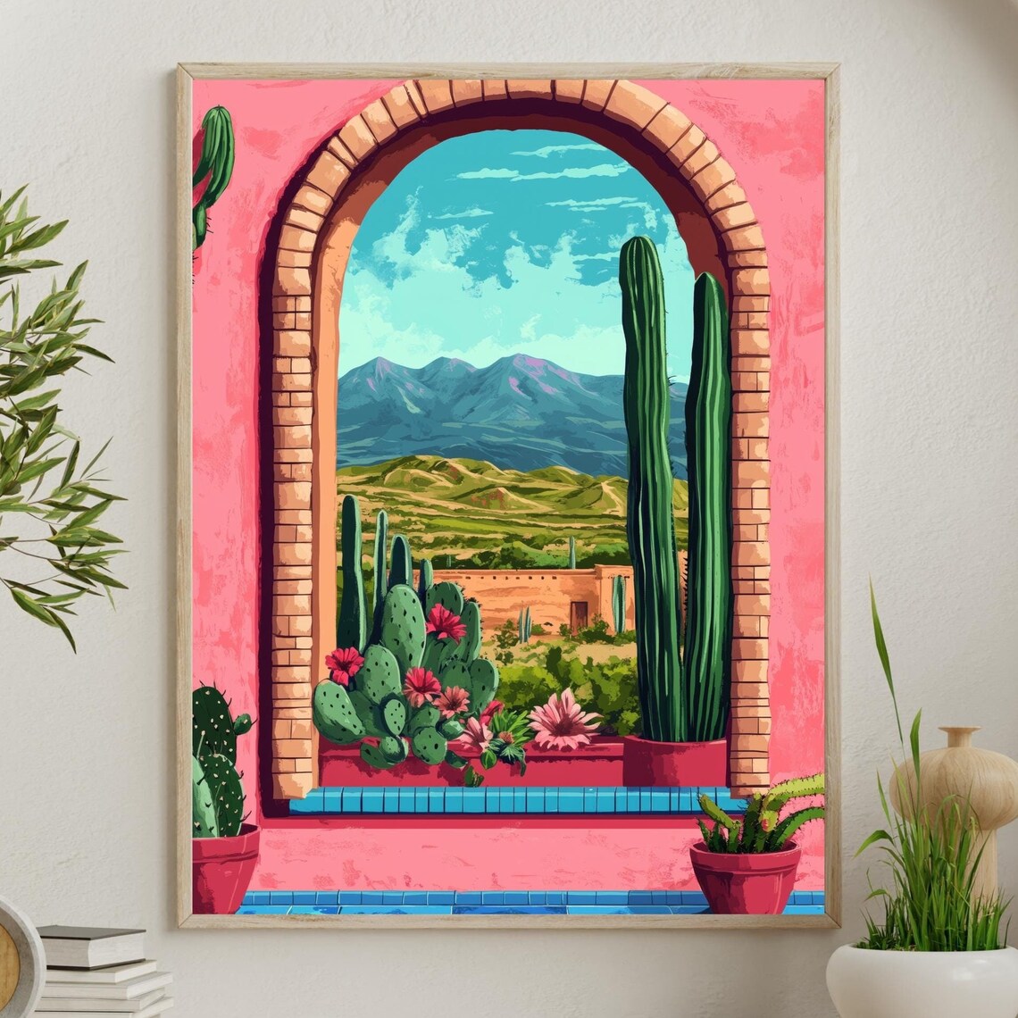 Southwestern Desert Window Art Pink Arch Cactus Flower Garden Poster