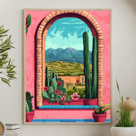 Southwestern Mexican Window View Art Print Desert Cactus Landscape Boho Wall Art Colorful Mexican Home Decor