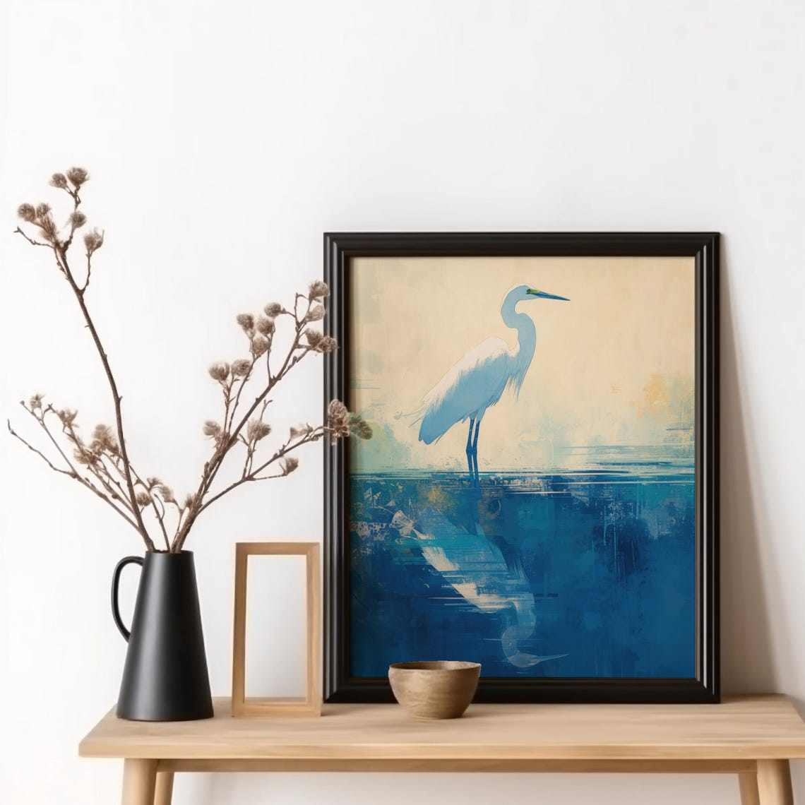 White Egret Heron Standing on Blue Water Japanese Style Poster
