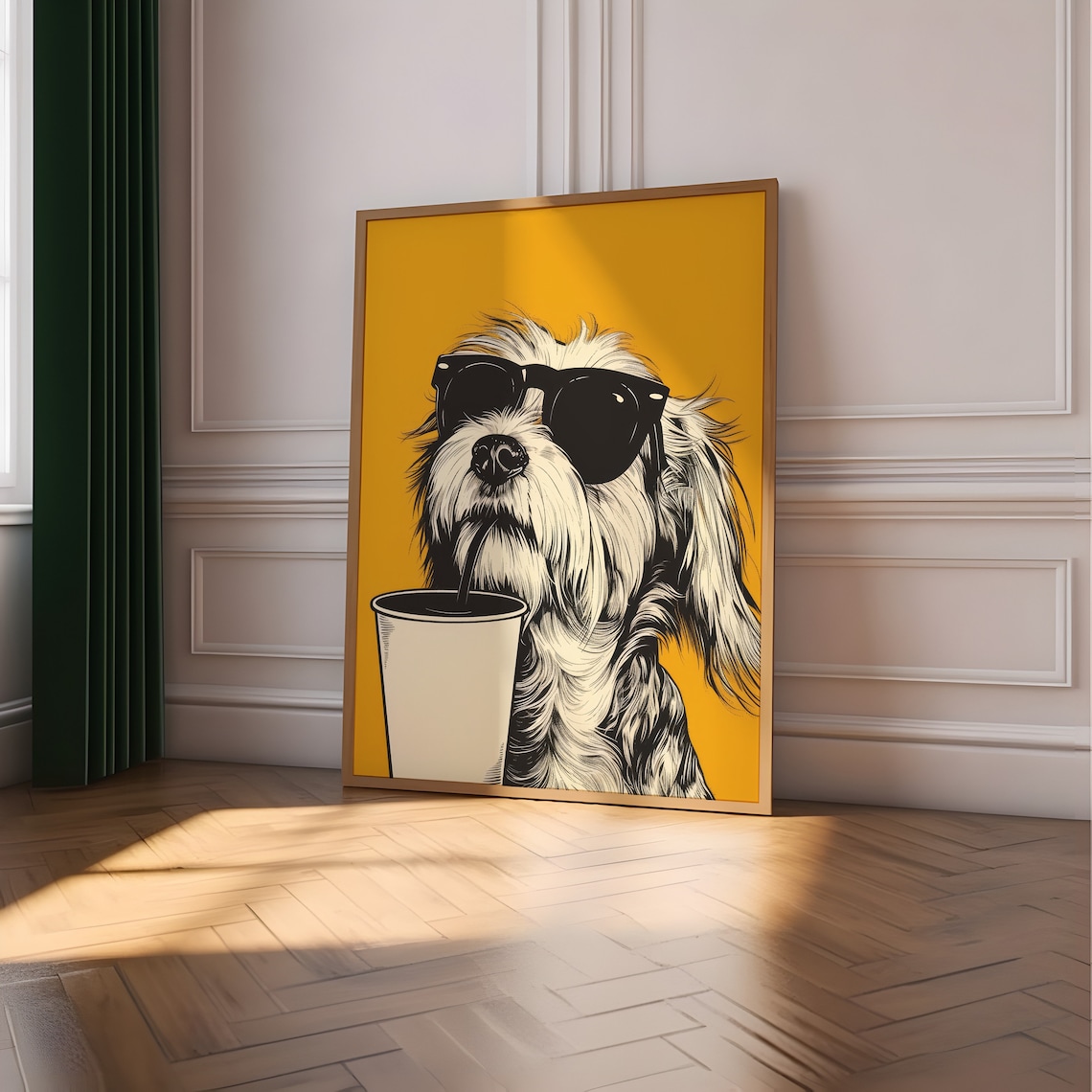 Funny Dog Coffee Lover Gift, Hipster Kitchen Poster