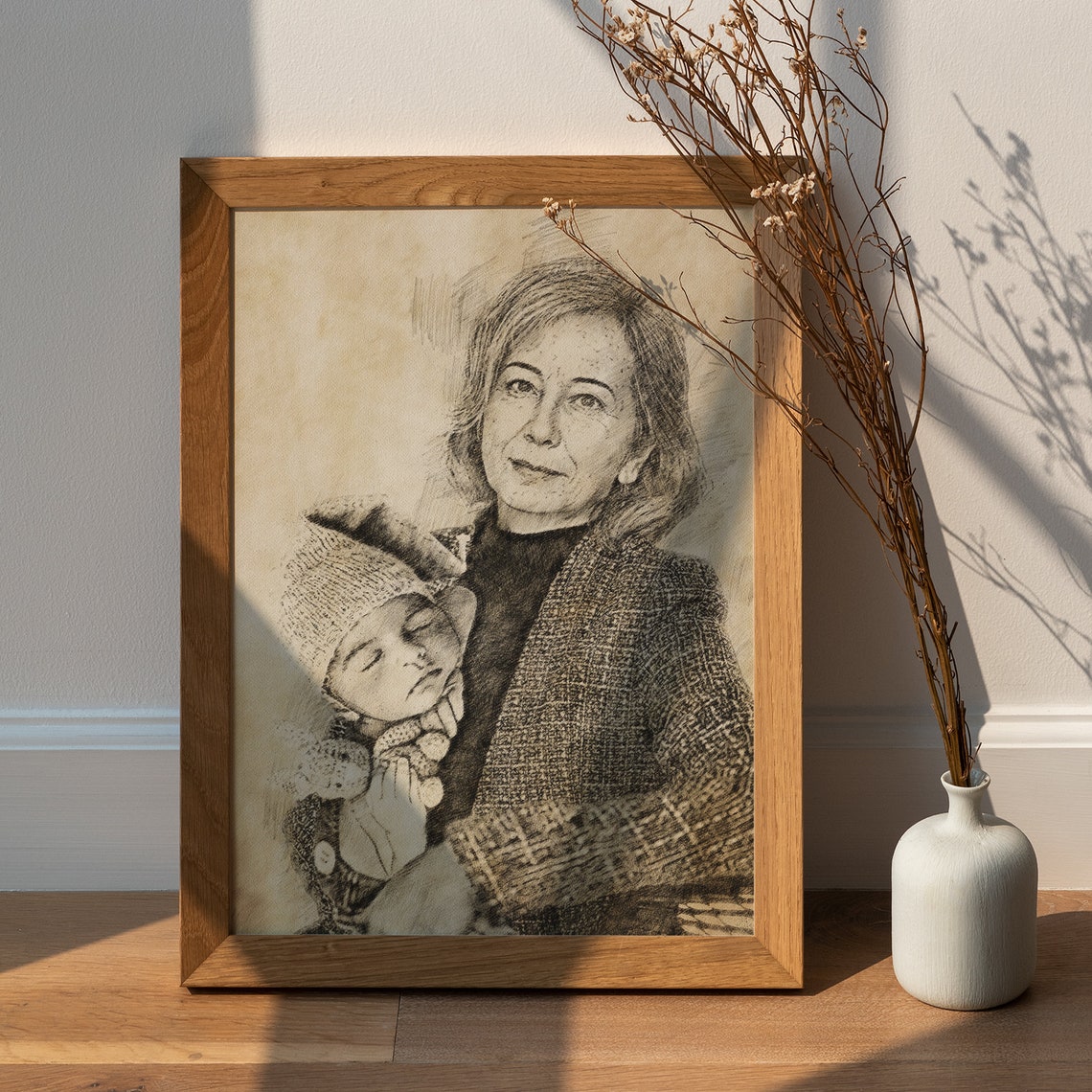 Add Deceased Loved Files Pencil Portrait With Grandmother Combine Images Merge Personalized Portrait Pencil Hand Drawing - Image 6