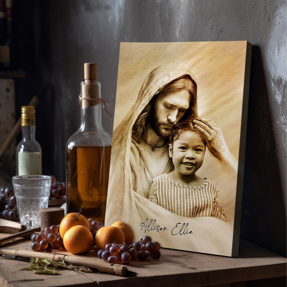Jesus Embracing a Young Boy Sepia Pencil Personalized Memorial Poster - Image 6