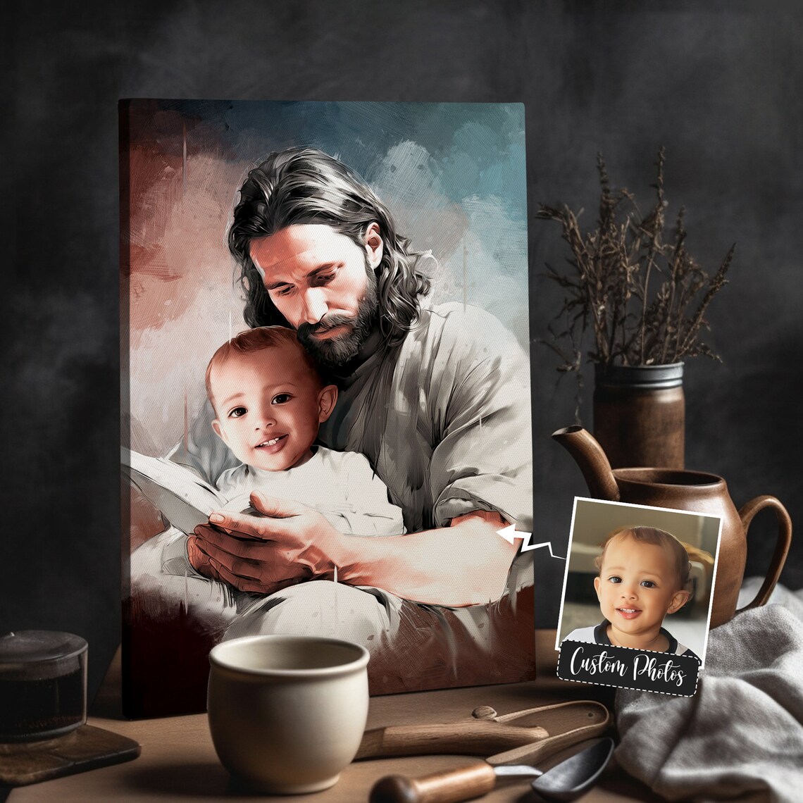 Jesus Reading a Story to a Toddler Girl Framed Oil Painting Style Poster - Image 5