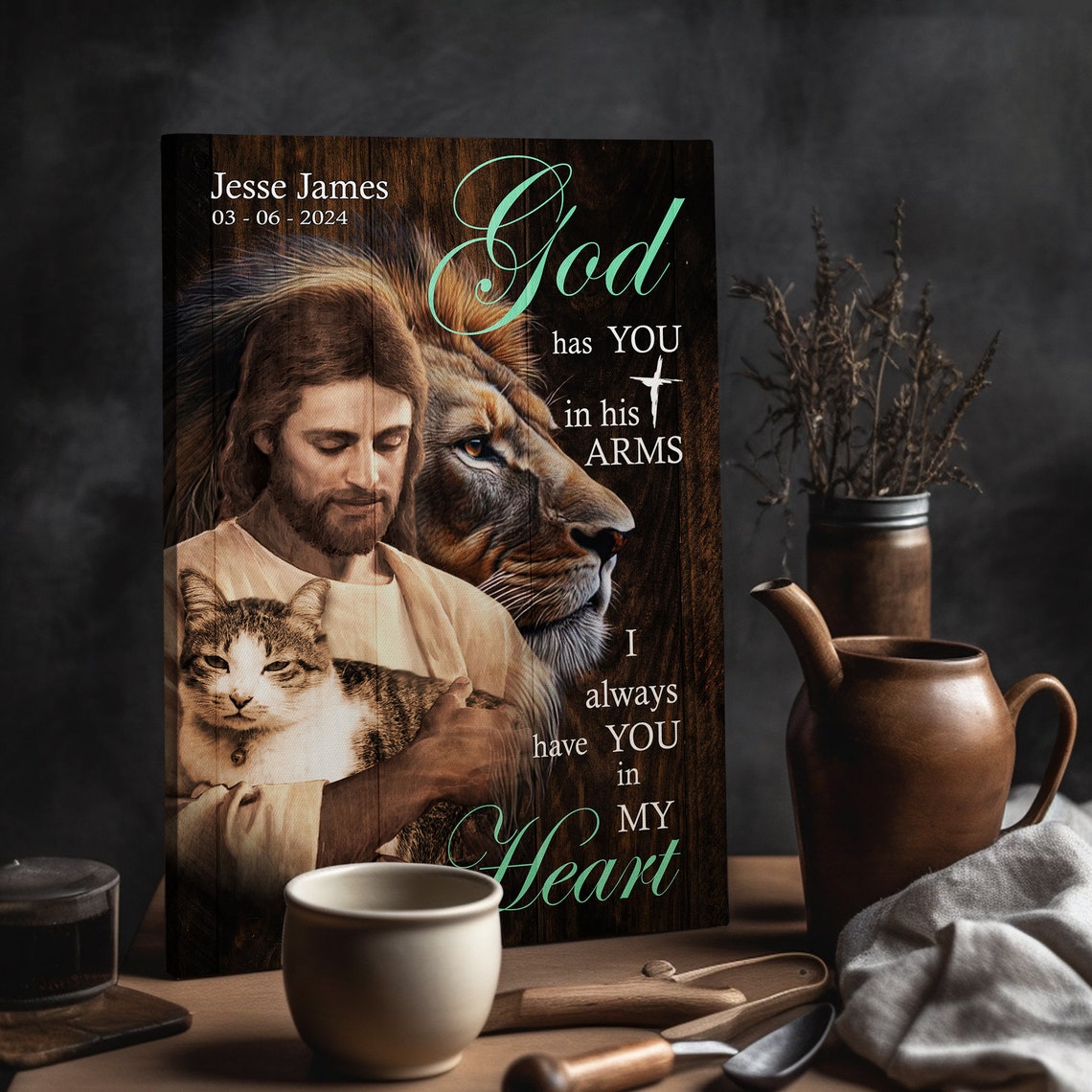 Jesus Holding Tabby Cat Memorial Portrait With Lion Of Judah Poster - Image 3