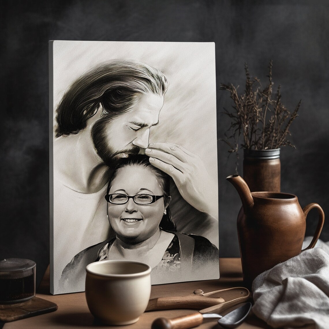 Jesus Blessing an Elderly Father Black and White Sketch Memorial Poster - Image 5