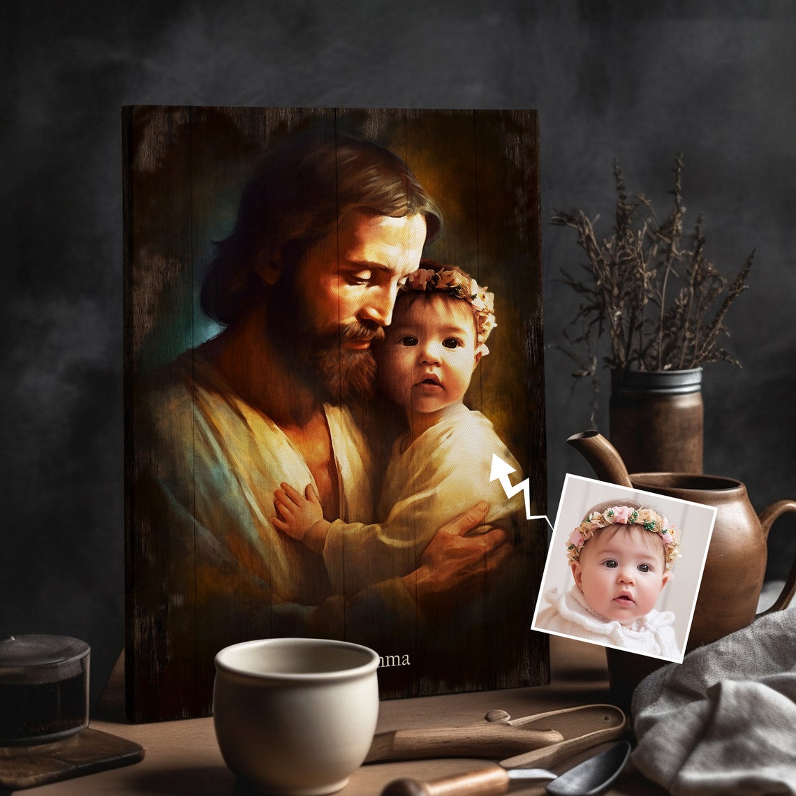 Personalized Your Child Safe In The Arms Of God Child And God Jesus Holding Baby Wall Art Christ And Baby Christian Wall Art