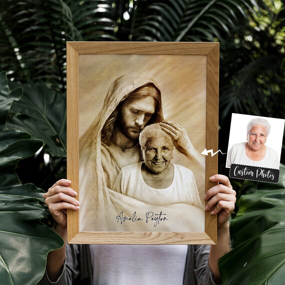 Jesus Blessing Elderly Woman Sepia Custom Photo Portrait Poster