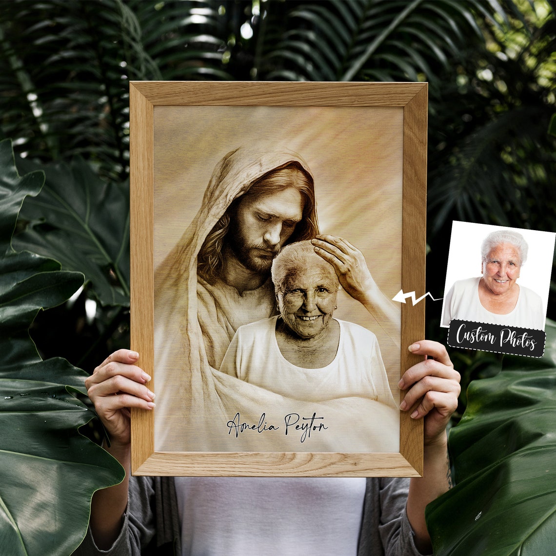 Jesus Blessing Elderly Woman Sepia Custom Photo Portrait Poster