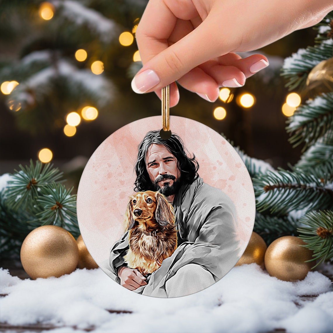 Personalized Safe In The Arms Of God Watercolor Ornament Jesus Holding Dog Memorial Xmas Gift Child And Dogs Decor Christ And Dog Art - Image 2
