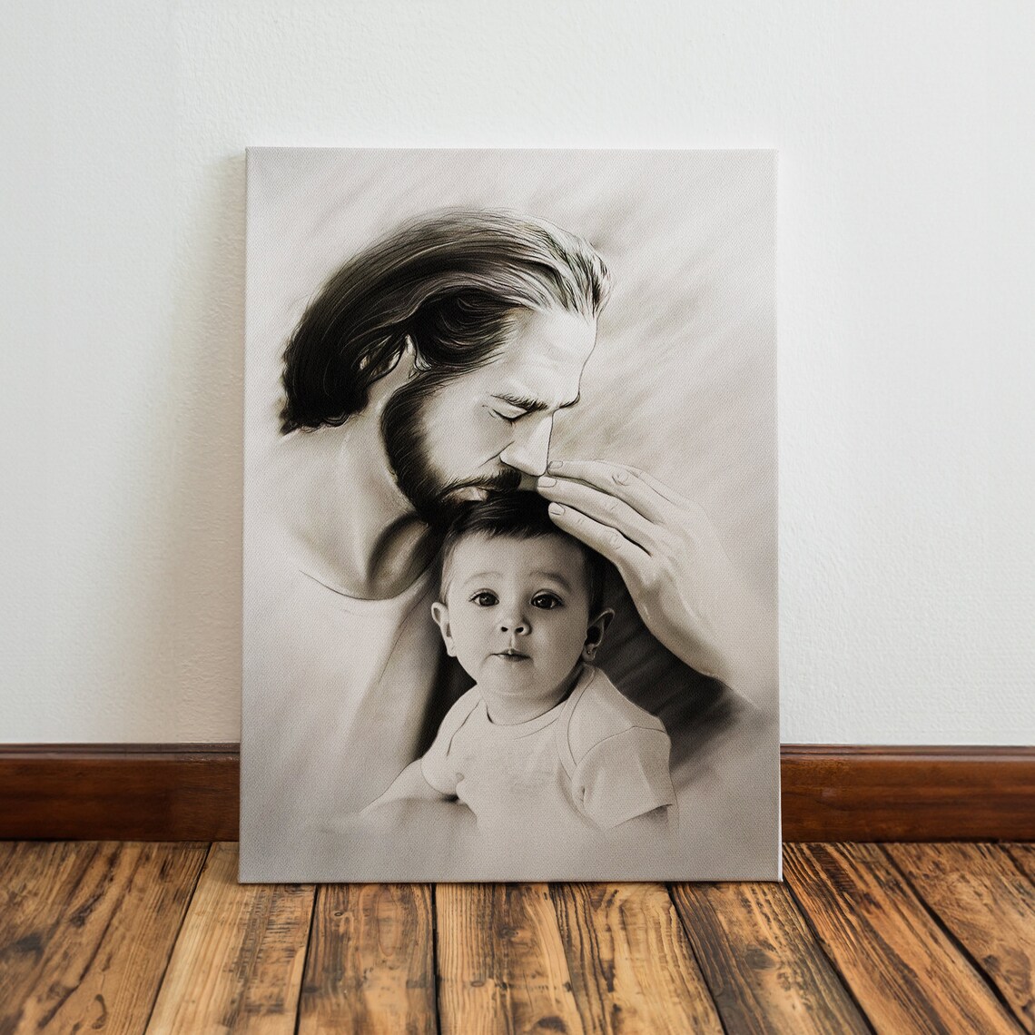 Personalized Jesus Holding Baby Your Child Safe In The Arms Of God Wall Art Child And God Pencil Hand Drawing Christ And Baby - Image 2