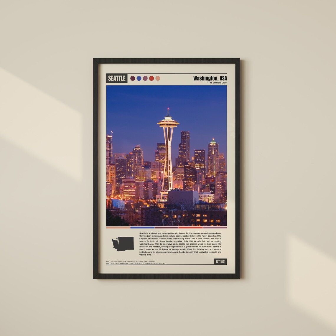 Seattle Travel Poster, Skyline and Map Art Print