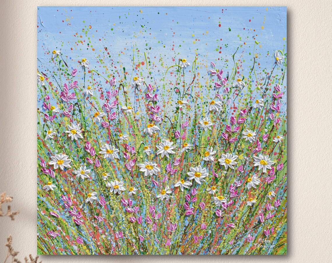 White Daisies Pink Wildflowers Spring Meadow Splatter Art Poster