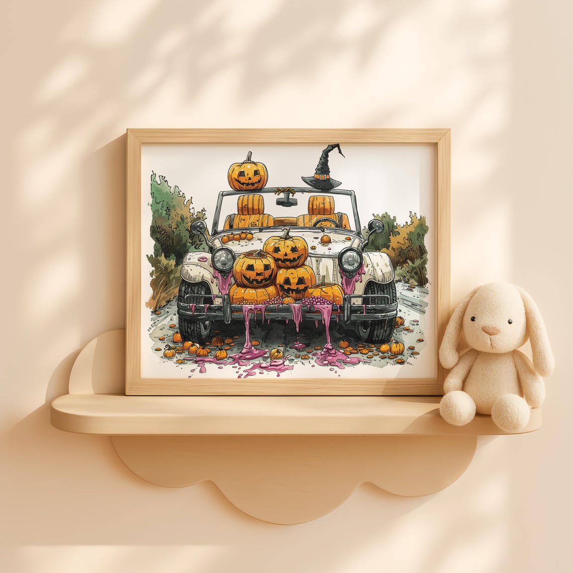 Halloween Car With Pumpkins Art Cute Spooky Kids Room Wall Decor Fall Trunk Full Of