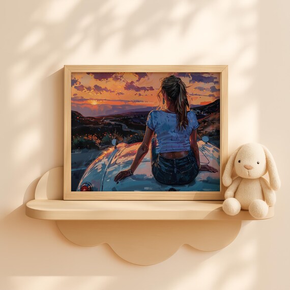 Girl On Mountain Road With Sports Car Scenic Sunset Drive Moody Landscape Art Back View Automotive Wall Print