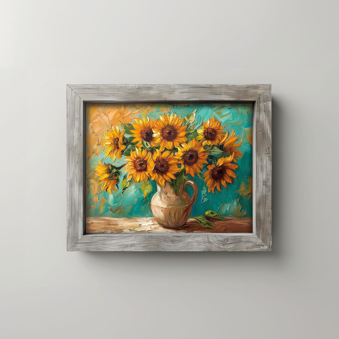 Sunflower Bouquet Pitcher Impressionist Teal Gold Farmhouse Poster