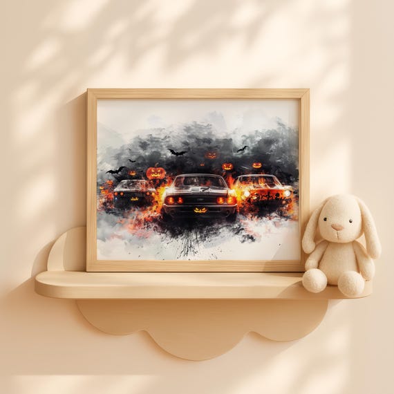 Halloween Muscle Car Parade Wall Art Spooky Vintage Cars With Pumpkins Haunted Fall Decor Autumn Road Scene