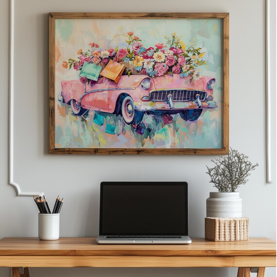 Pink Vintage Convertible Flowers Shopping Bags Whimsical Art Print