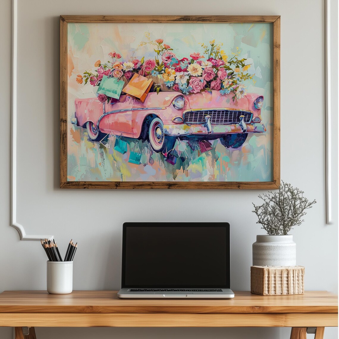 Pink Vintage Convertible Flowers Shopping Bags Whimsical Art Print