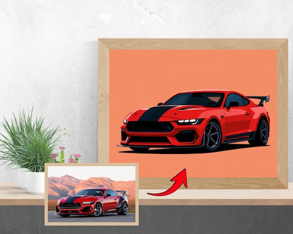 Red Ford Mustang Cartoon Illustration Custom Car Portrait Style Poster