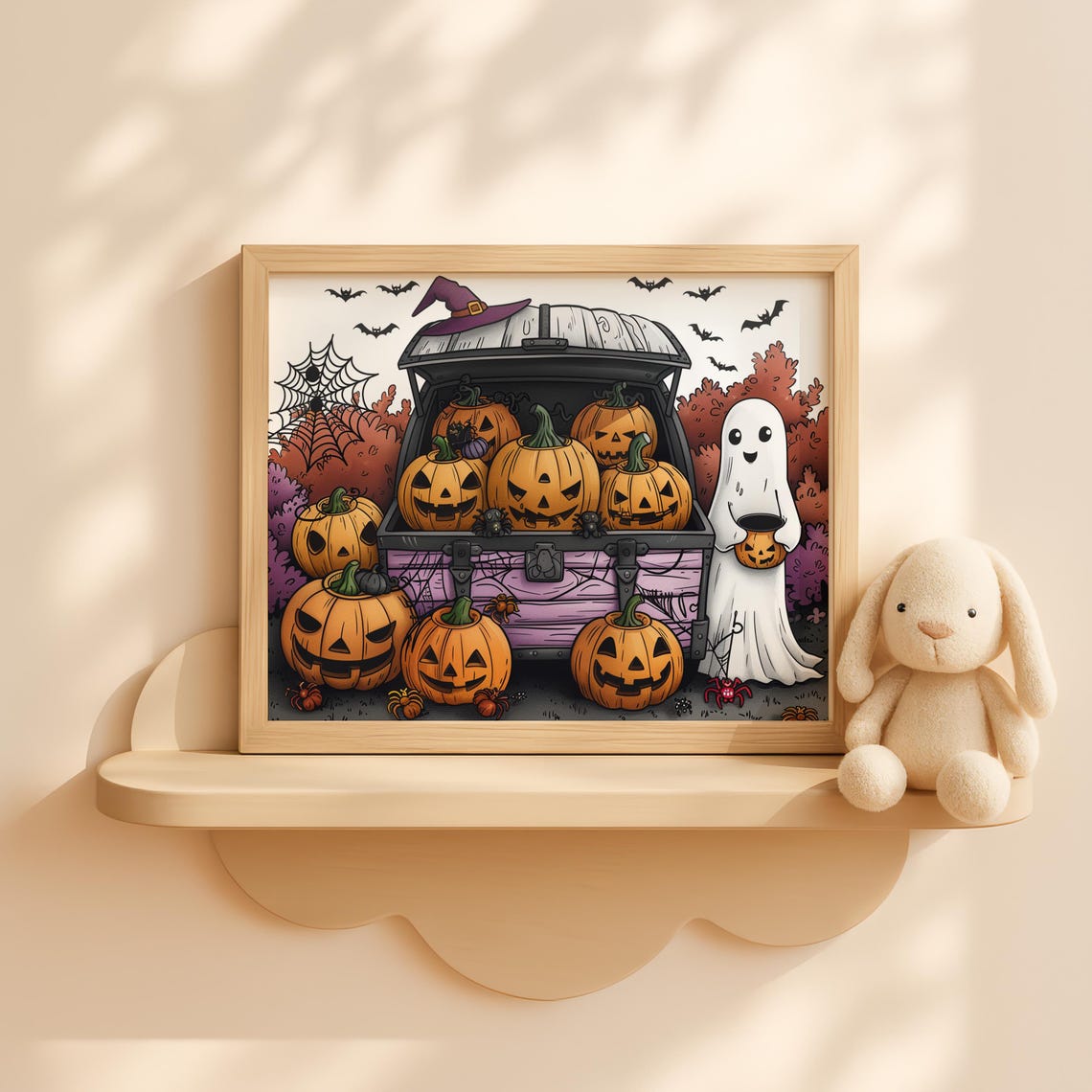 Cute Ghost Jack O Lantern Cart Spooky Halloween Pumpkin Art Poster