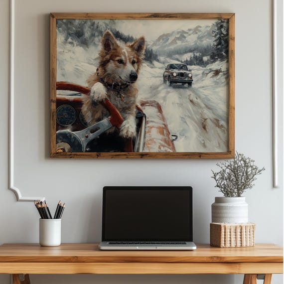 Husky Puppy Driving In Snow Winter Dog Wall Art Print Funny Pet Holiday Decor