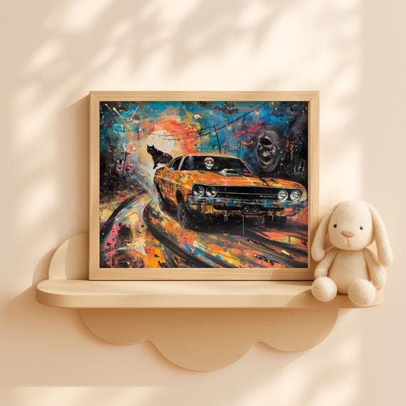 Spooky Pumpkin Racer On Haunted Road Vintage Halloween Wall Art Fall