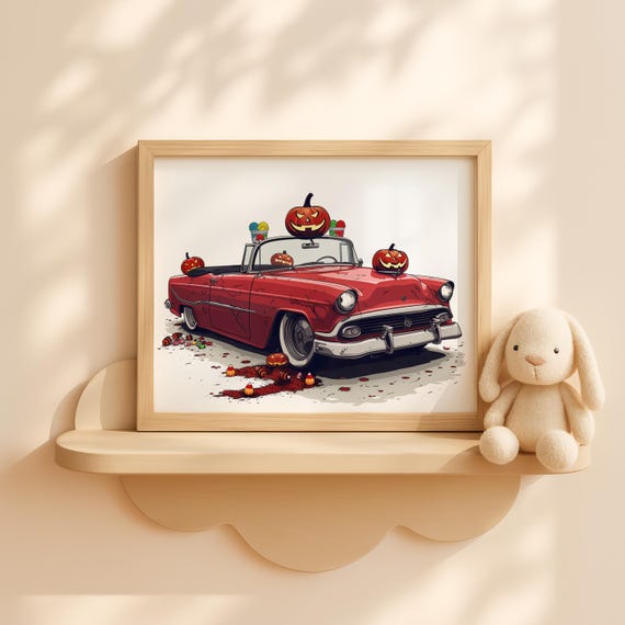 Halloween Convertible Car With Pumpkins Art Cute Red Fall Kids Wall Decor Jackolantern