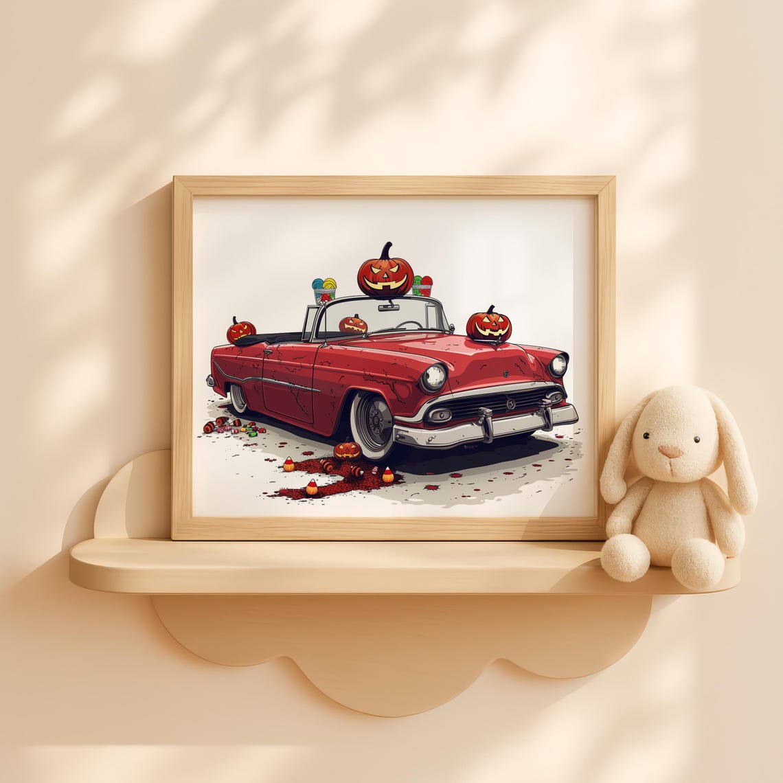 Red Vintage Convertible Halloween Pumpkins Candy Classic Car Poster