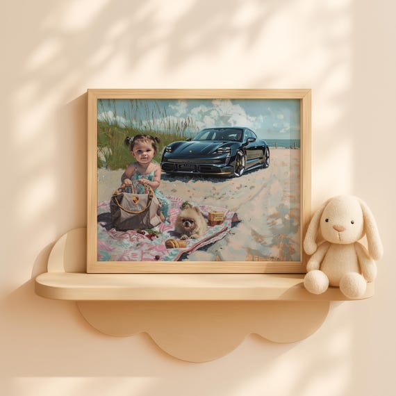 Baby Girl Picnic With Dog By Black Car Day Painting Nursery Wall Art Cute Outdoor Kid Scene Artwork