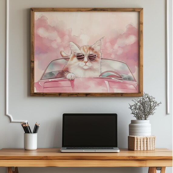 Cool Cat With Sunglasses Driving a Pink Convertible Art Poster