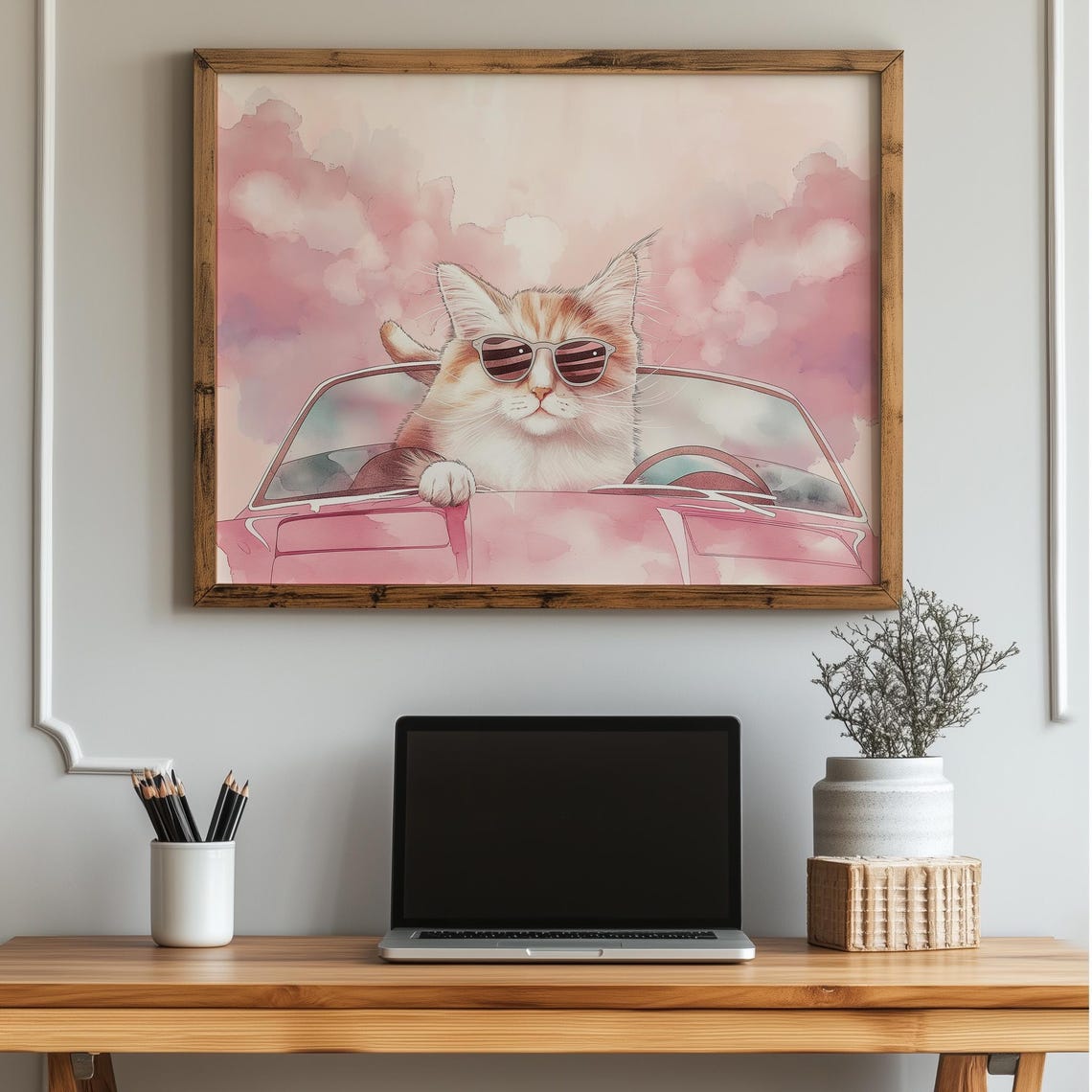 Cool Cat With Sunglasses Driving a Pink Convertible Art Poster