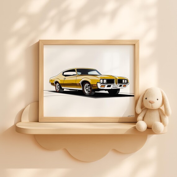Yellow Oldsmobile 442 Classic Muscle Car Nursery Poster Boys Room Art