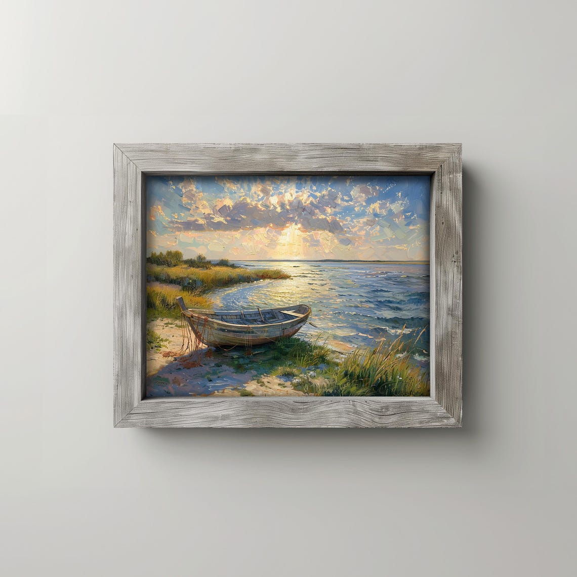 Lone Rowboat on Shore at Sunrise Seascape Oil Painting Poster