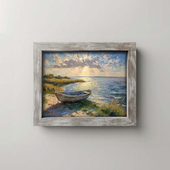 Lone Rowboat on Shore at Sunrise Seascape Oil Painting Poster