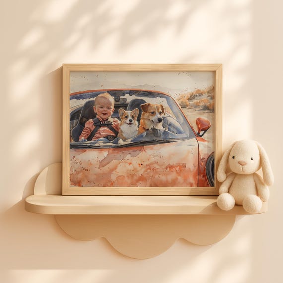 Baby Boy In Car With Dog Watercolor Drive Scene Toddler Buckled Supercar Nursery Wall Art Cute Kid Decor
