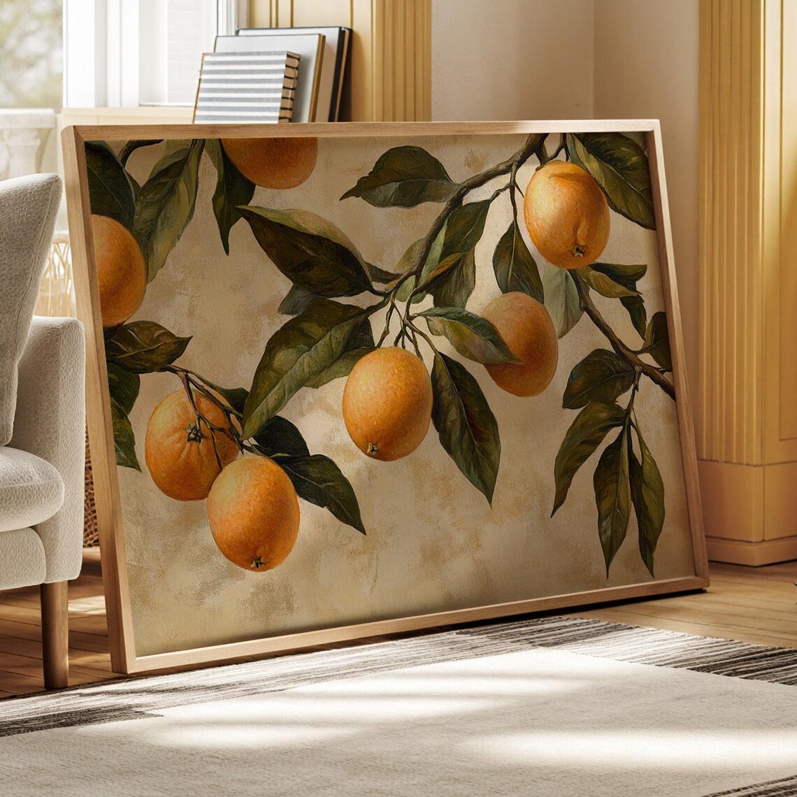Orange Branch Still Life Green Leaves Textured Beige Nature Art Poster