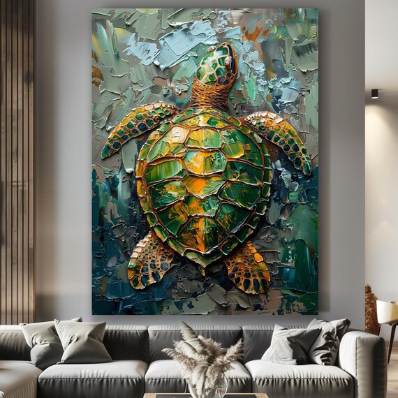 Green Sea Turtle Oil Painting with Heavy Impasto Texture Poster