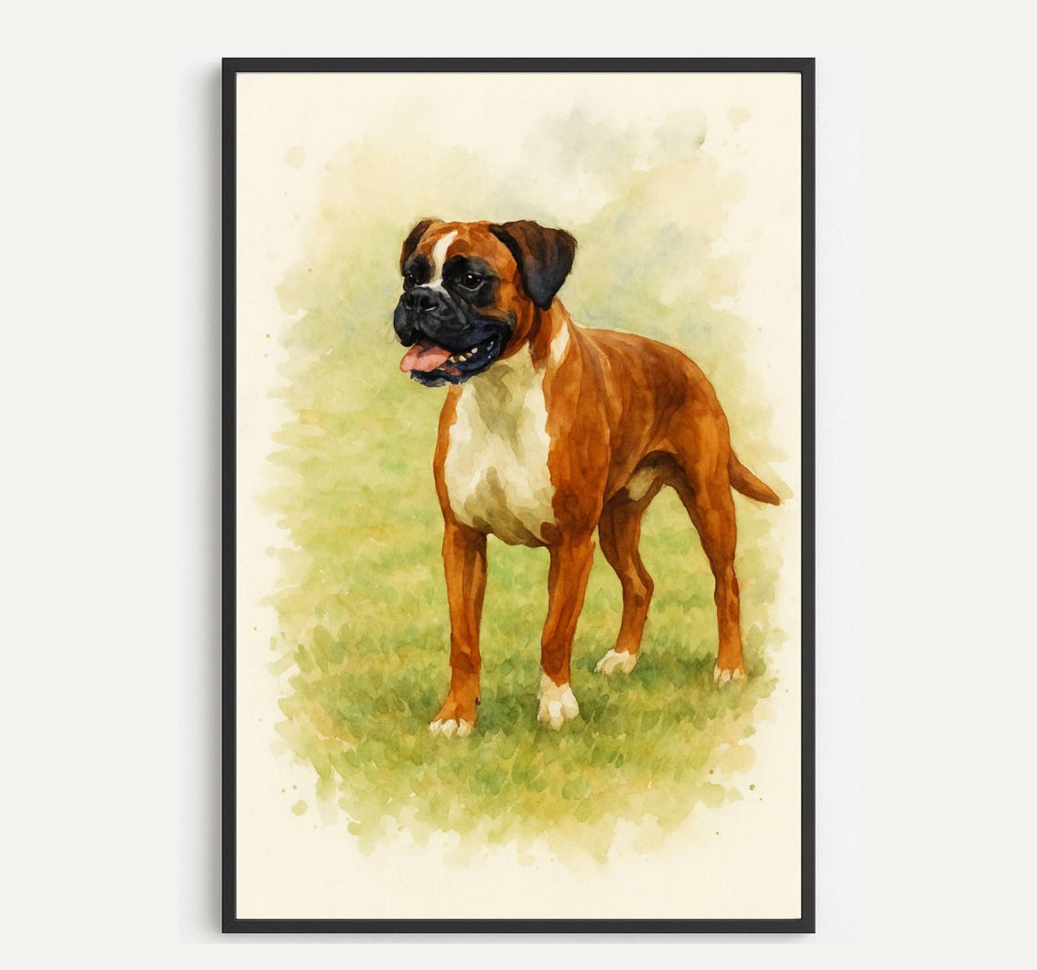 Boxer Dog Watercolor Portrait Standing Happy in Grass Art Poster