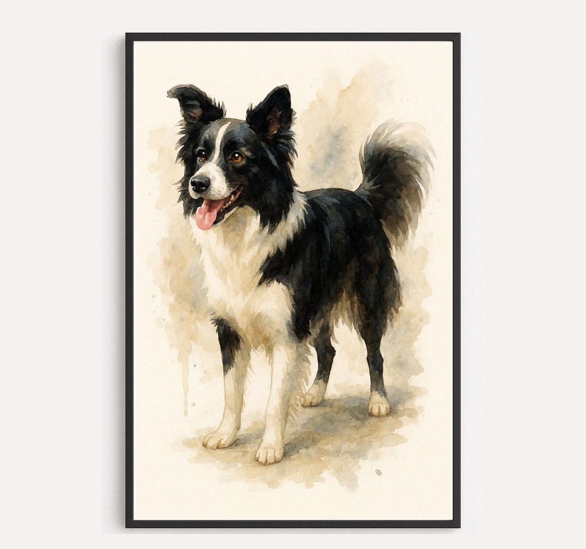 Border Collie Watercolor Portrait Happy Dog Standing Art Poster