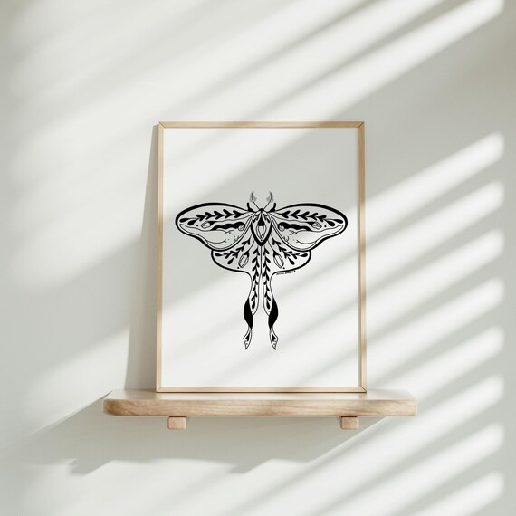 Black And White Luna Moth Botanical Line Art Feminine Wall Art