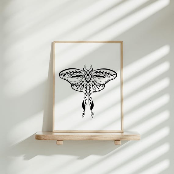 Floral Moth Black White Feminine Luna Illustration Art Print