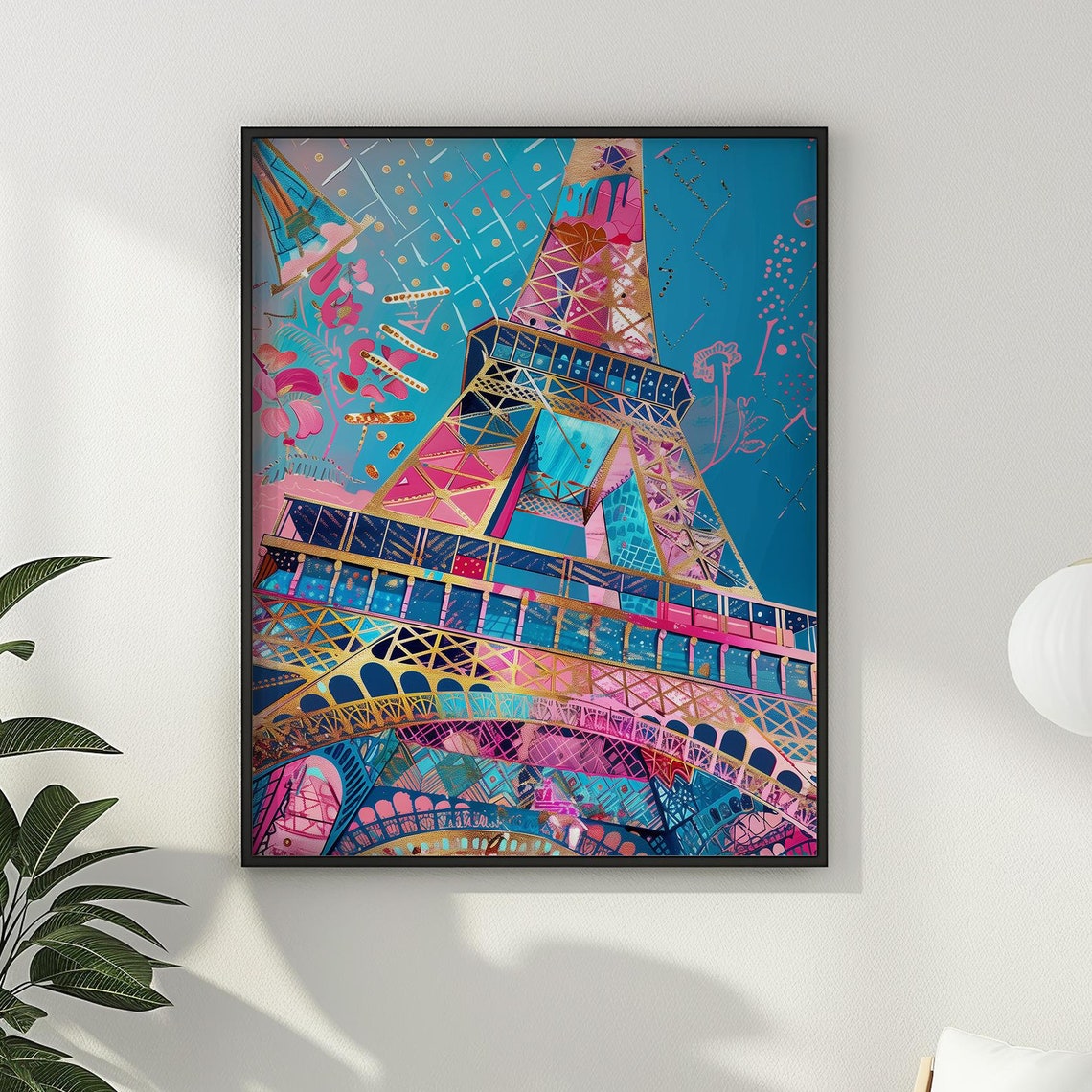 Pop Art Eiffel Tower Poster Bold Turquoise Pink Gold Paris Decor