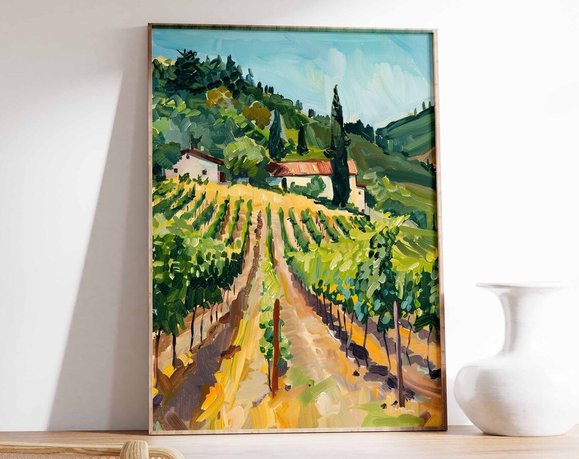 Tuscan Vineyard Farmhouse Art Poster Cypress Hills Summer Scene