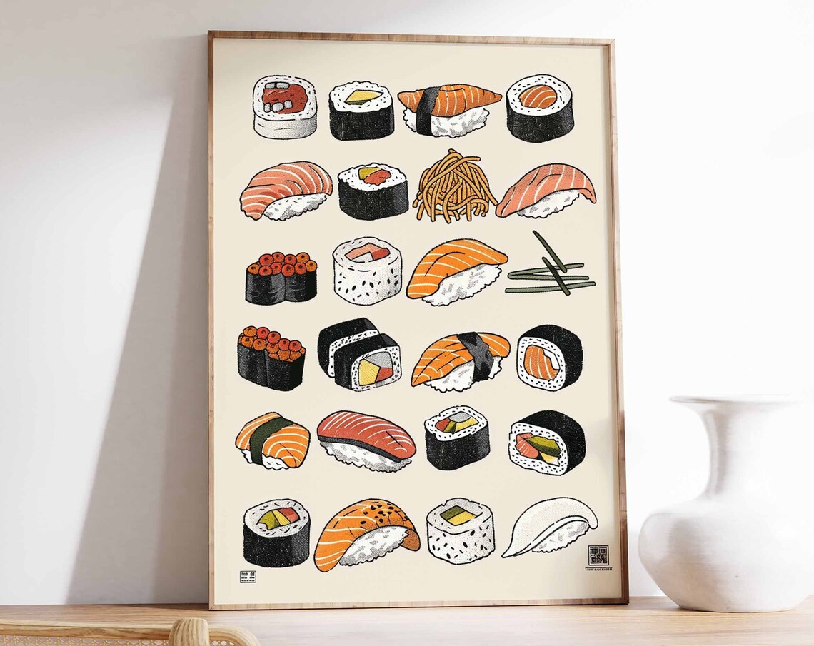 Bold Illustrated Sushi Collection Nigiri Maki Rolls Food Art Poster