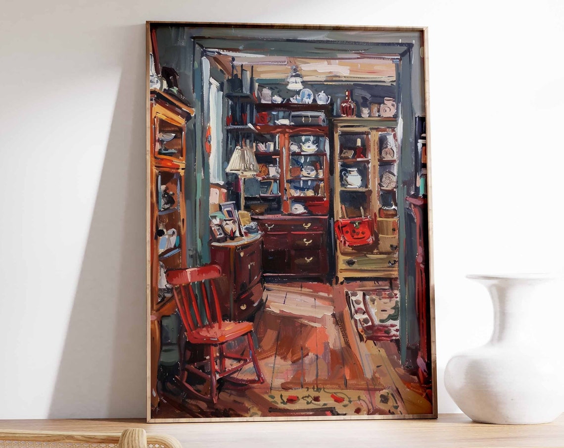 Vintage Study Interior Red Rocking Chair Shelves Lamp Light Print